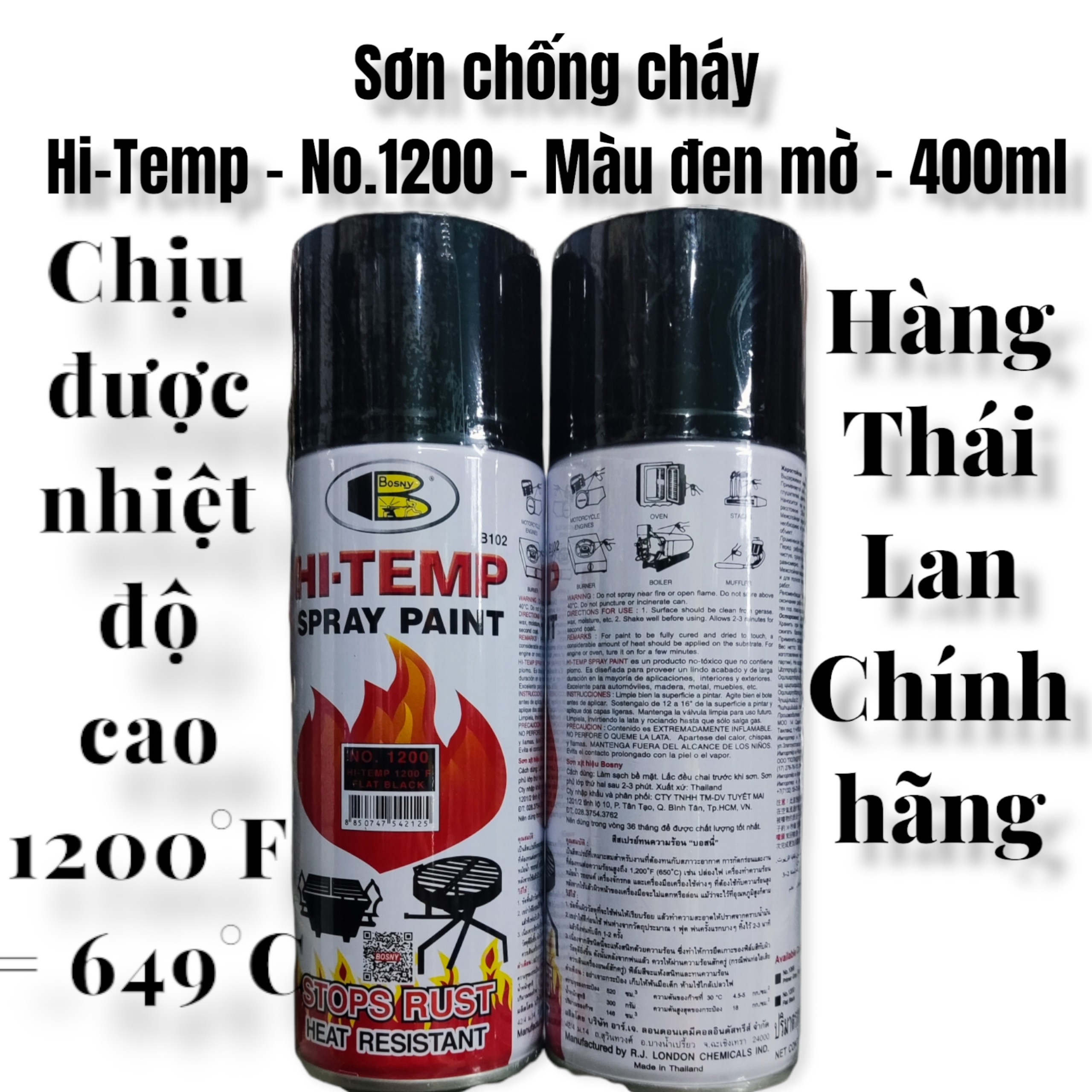 Sơn xịt chống cháy chịu được nhiệt độ cao Hi-Temp - No.1200 - Màu đen mờ - 400ml - Made in Thái Lan