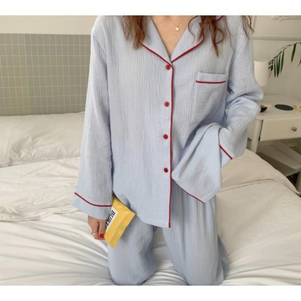 Set đồ ngủ dài viền cổ chất cotton đũi cao cấp S008