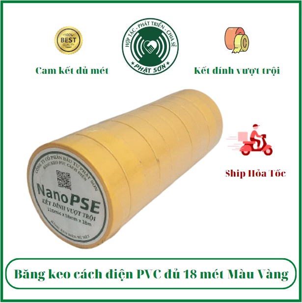 Băng keo cách điện đủ mét Nano PSE 18m màu vàng (01 cây 10 cuộn)