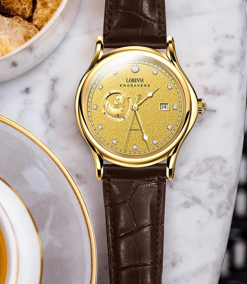 Đồng hồ nam chính hãng LOBINNI L1889-5 Kính sapphire,chống xước,Chống nước,BH 24 tháng,Máy cơ ,dây da xịn