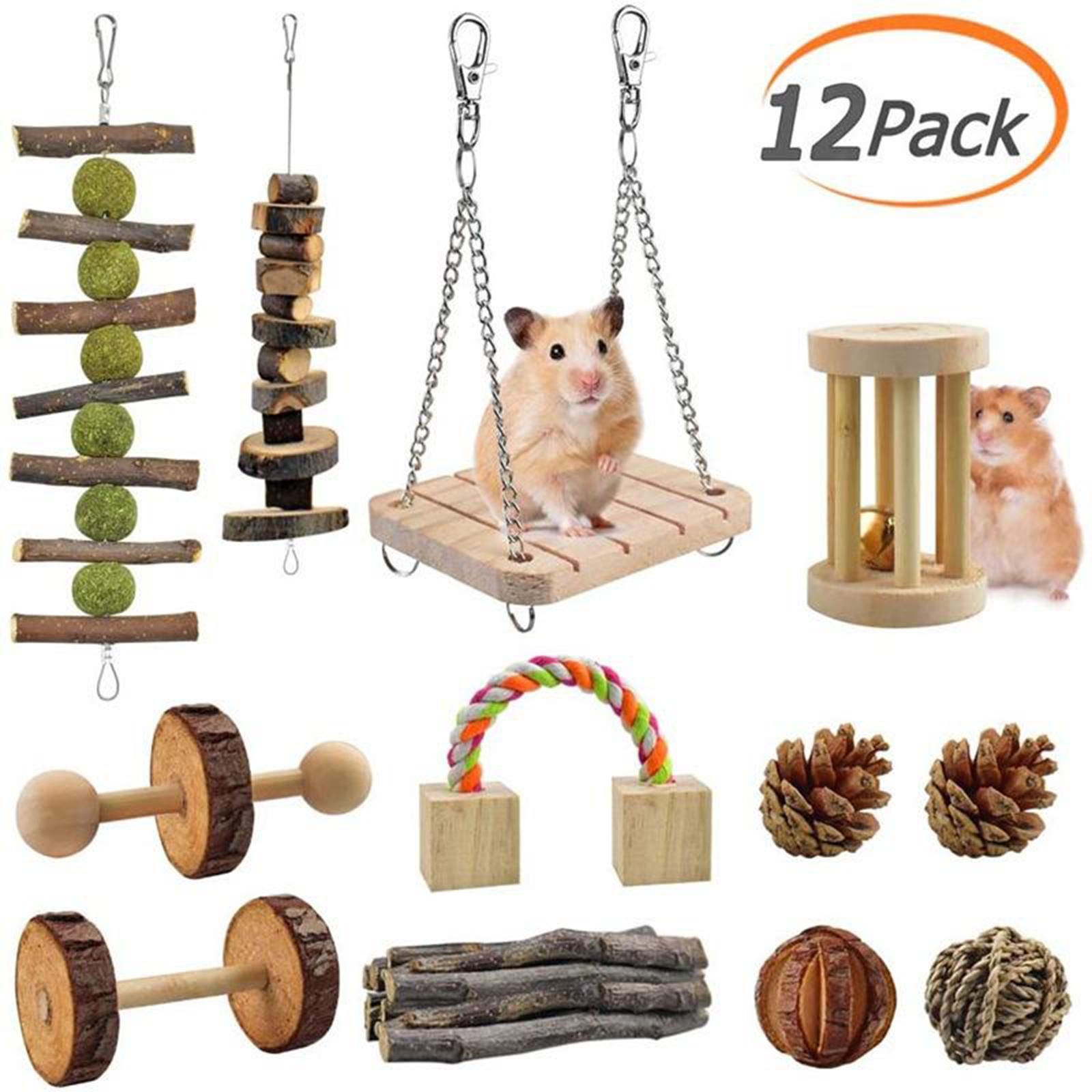 12 Packs Guinea Pig Toys Chinchilla Hamster Roller Rat Chews Toys Bunny Rabbits Exercise Wheels Molar Wooden for Teeth Pet Supplies
