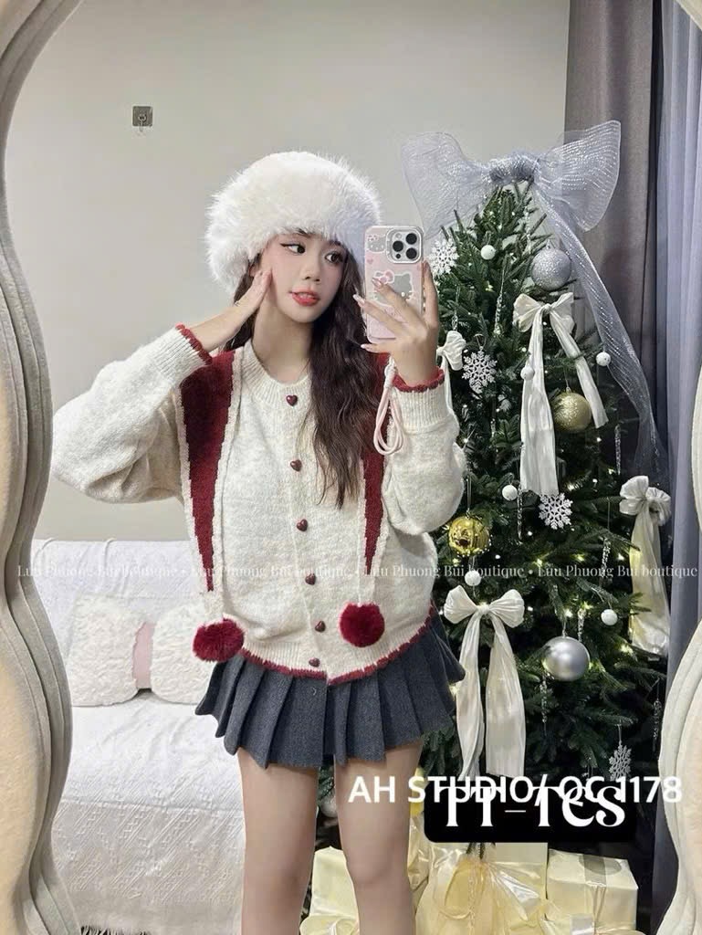 [AL889] Áo Len Khuy Tim Kèm Choàng Thủy Thủ Cục Bông – Form Hàn Xinh, Ấm Áp, Hot Trend 2025