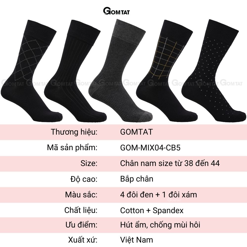 Hộp 5 đôi tất vớ đi giày tây nam công sở cổ cao GOMTAT mẫu MIX04, sợi cotton cao cấp thoáng khí - GOM-MIX04-CB5