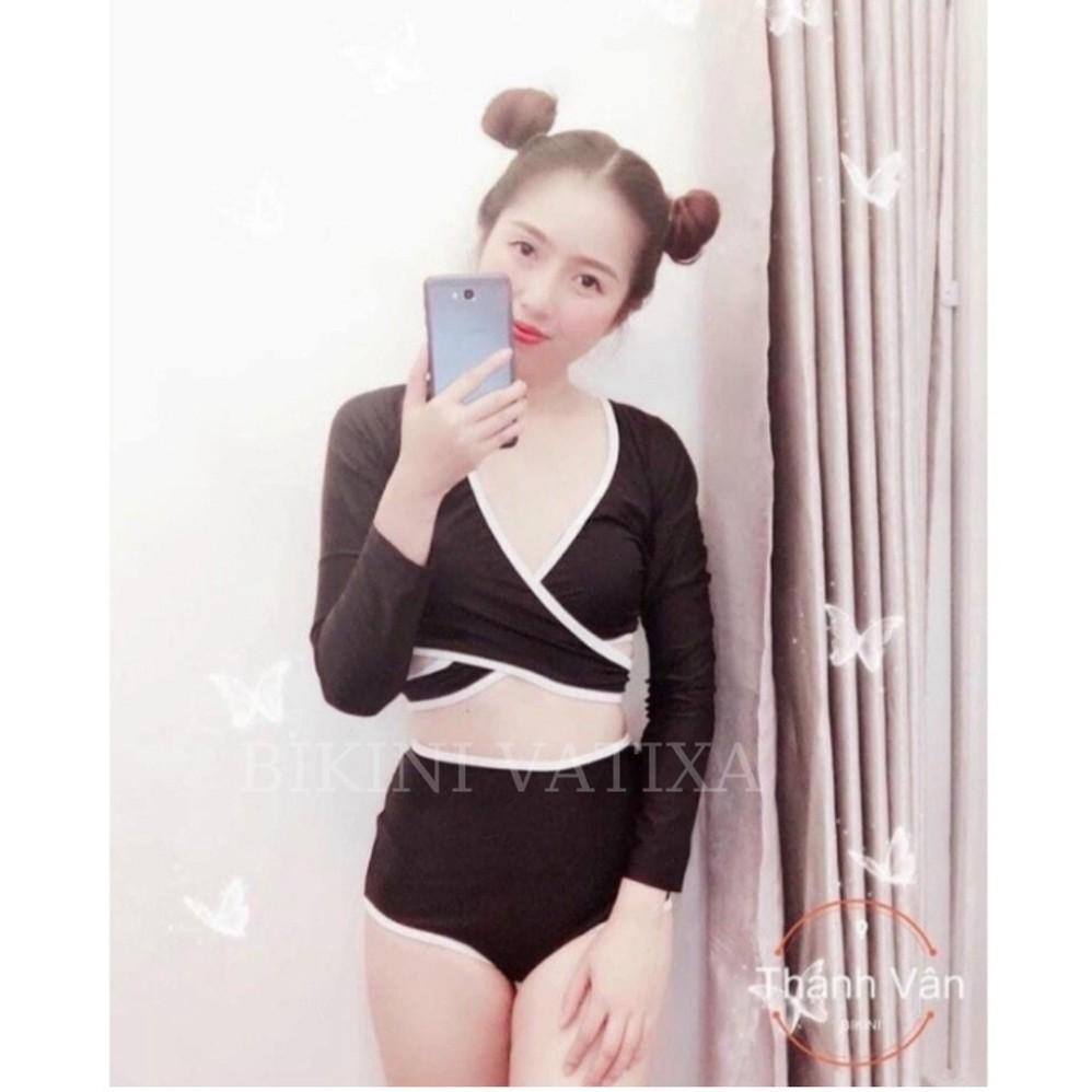 freeship Bikini đồ bơi tay dài đắp chéo quần cạp cao viền trắng cột dây ngực sành điệu VATIXA BKN04