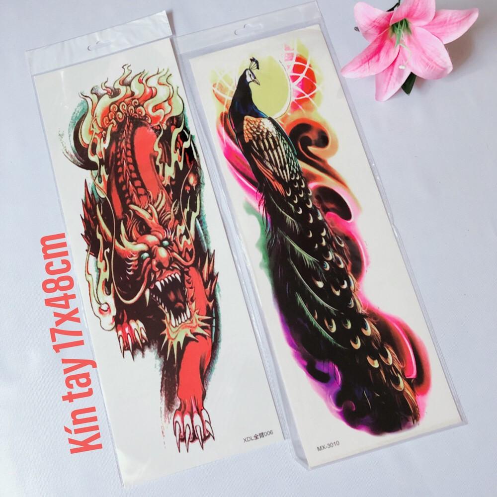 Combo 2 tấm hình xăm dán kì lân đỏ kín tay màu 17x48cm- mua 2 combo tặng bắp tay xinh