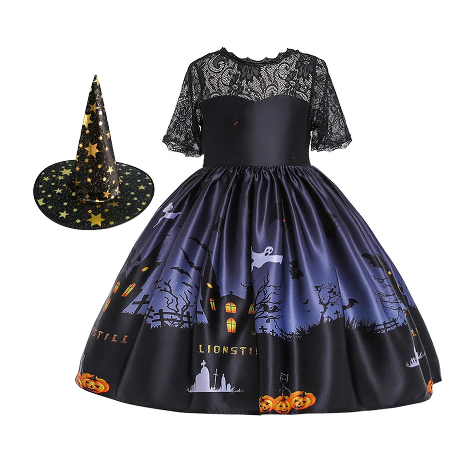Girl Witch Halloween Costume Dress Cosplay Fancy Dress Pumpkin Printed with Witch Hats Toddler Dresses for Carnival Dress up Birthday Party