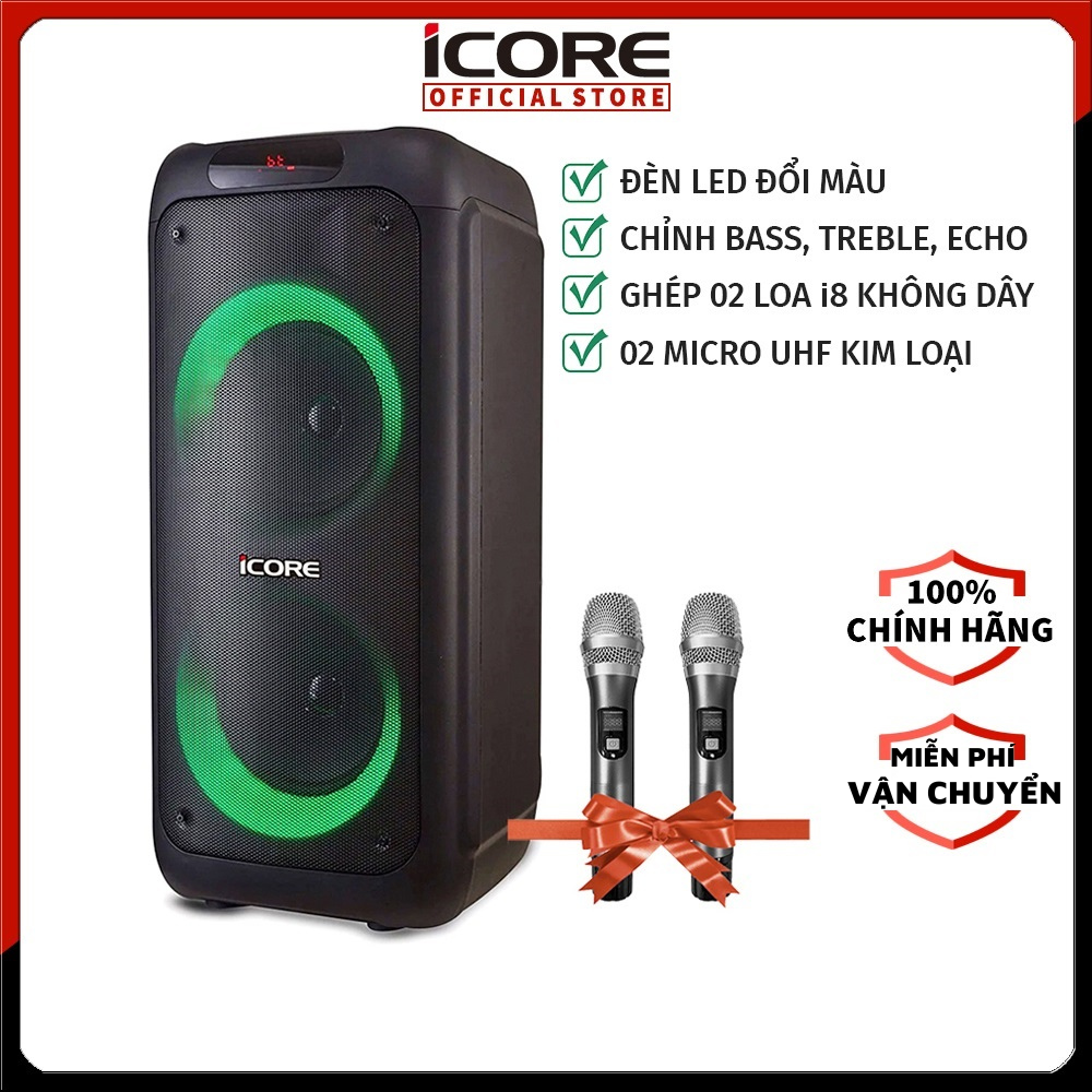 Loa du lịch iCore i8 - Loa karaoke bluetooth xách tay - Loa bass đôi - Kèm 2 micro UHF cao cấp - Hàng Chính Hãng