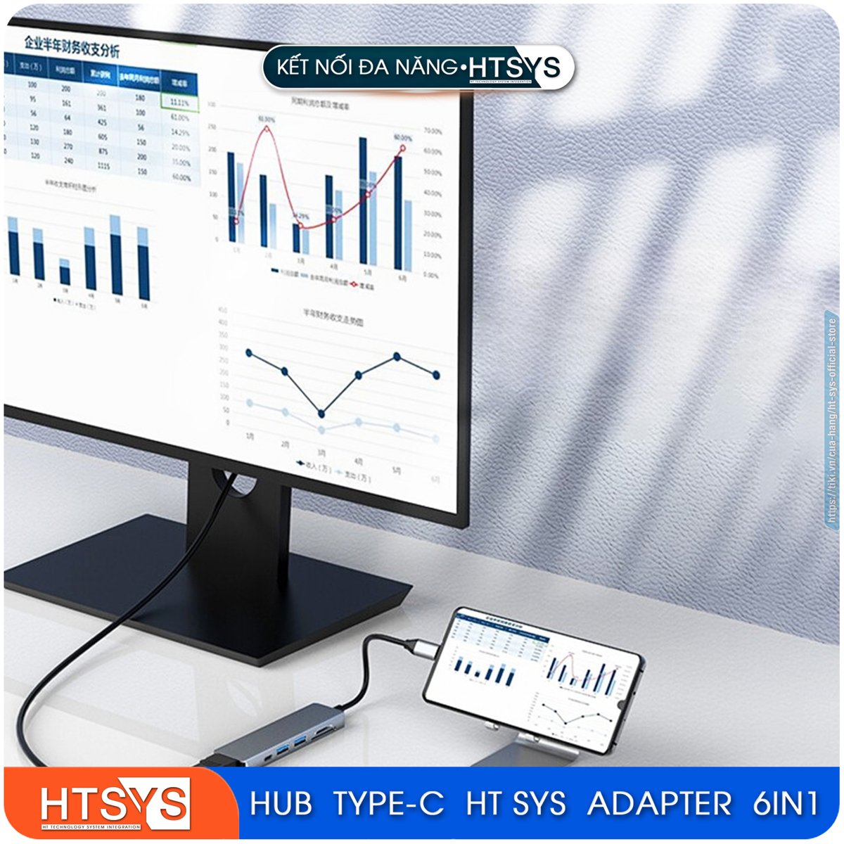 Hub Type C HT SYS 6 in 1 To HDMI, USB 3.0, SD, TF, PD 100W - Hàng Chính Hãng