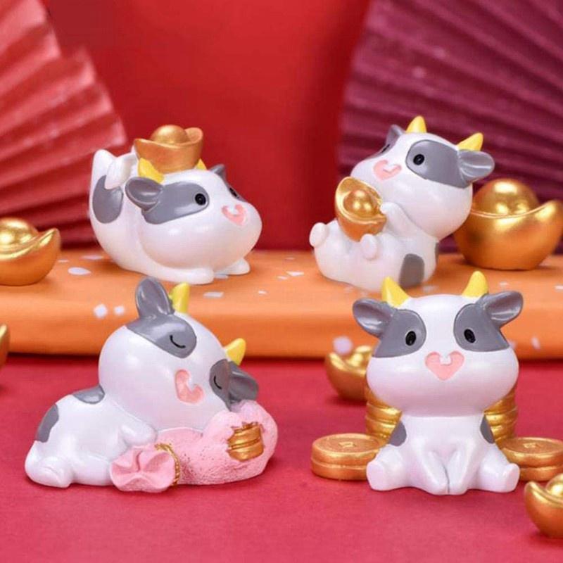 4Pc Year of the Ox Figures Cute Cow Resin Miniature Ornament Wealth Luck Yuan Bao Fairy Garden Mini Landscape Ornaments