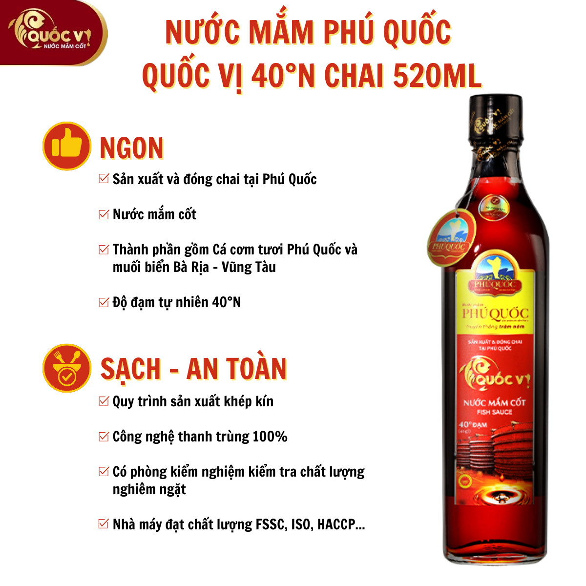 Nước Mắm Cốt Phú Quốc - Quốc Vị Độ Đạm 40N Chai Thủy Tinh 520ml Cá Cơm