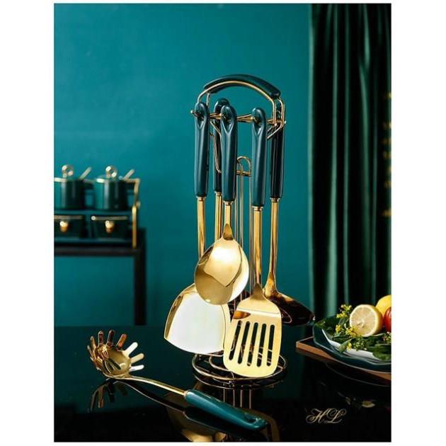Bộ môi xẻng nhà bếp 6 món màu inox vàng cán sứ xanh cổ vịt phong cách Châu Âu sang chảnh