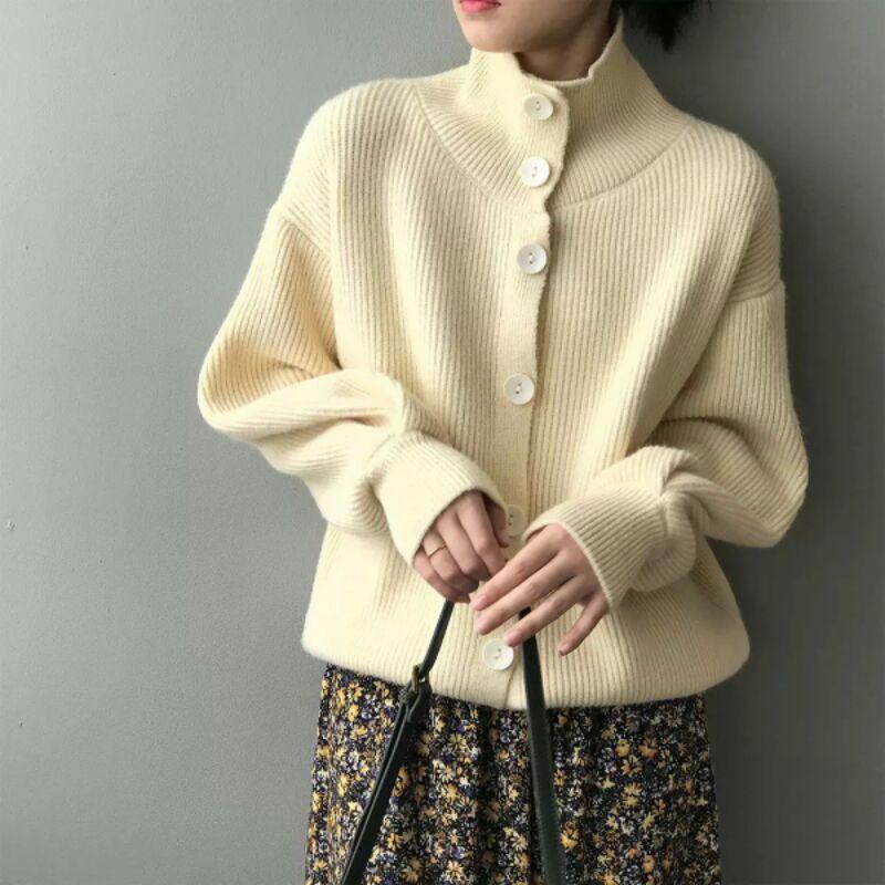 Áo khoác len cardigan nữ, dày dặn đèn lồng cổ cao thiết kế Hàn Quốc