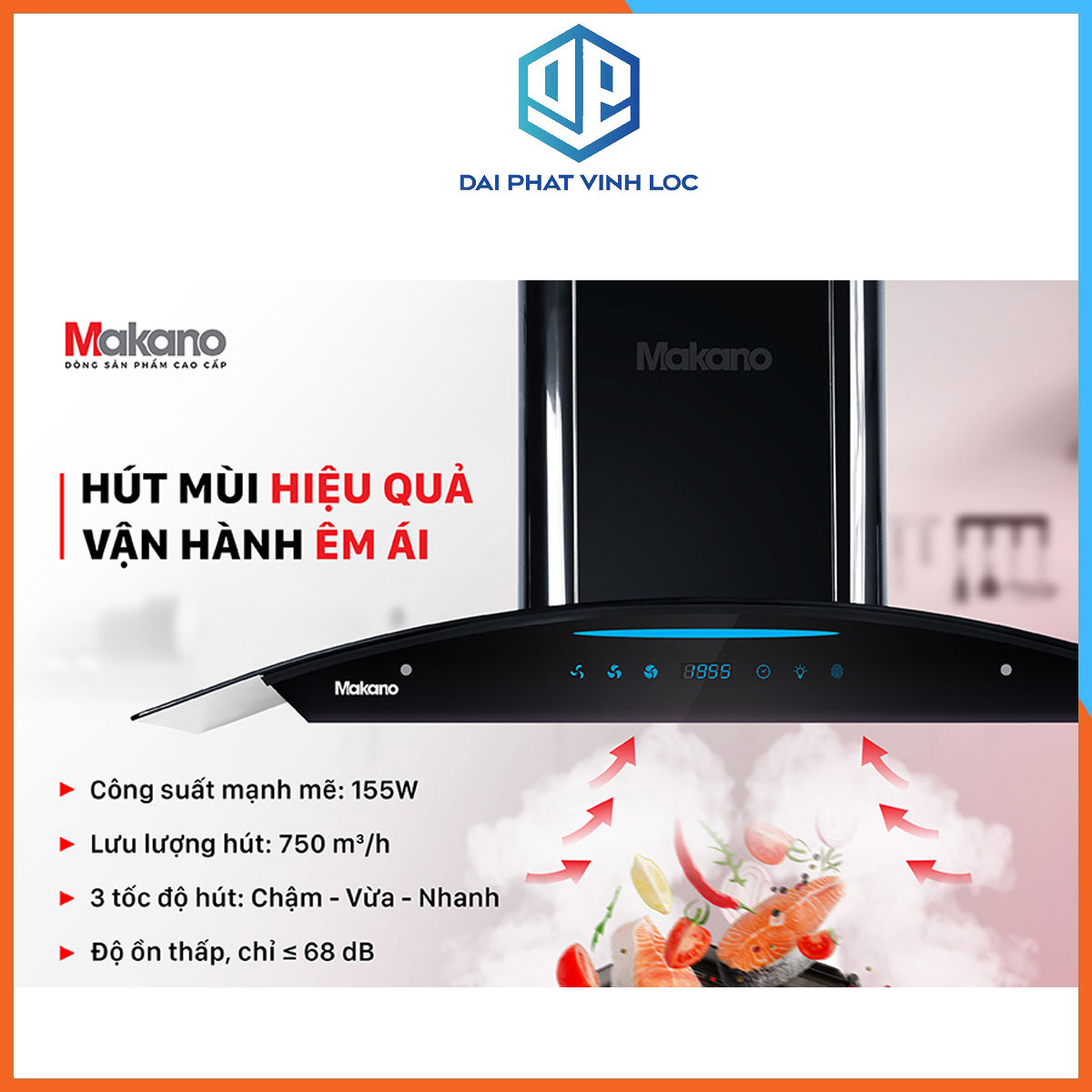 Máy hút khói khử mùi nhà bếp Makano MKH-000001- Hút Mạnh, Êm - Tách khói, lọc dầu - Bảo Hành 12 Tháng
