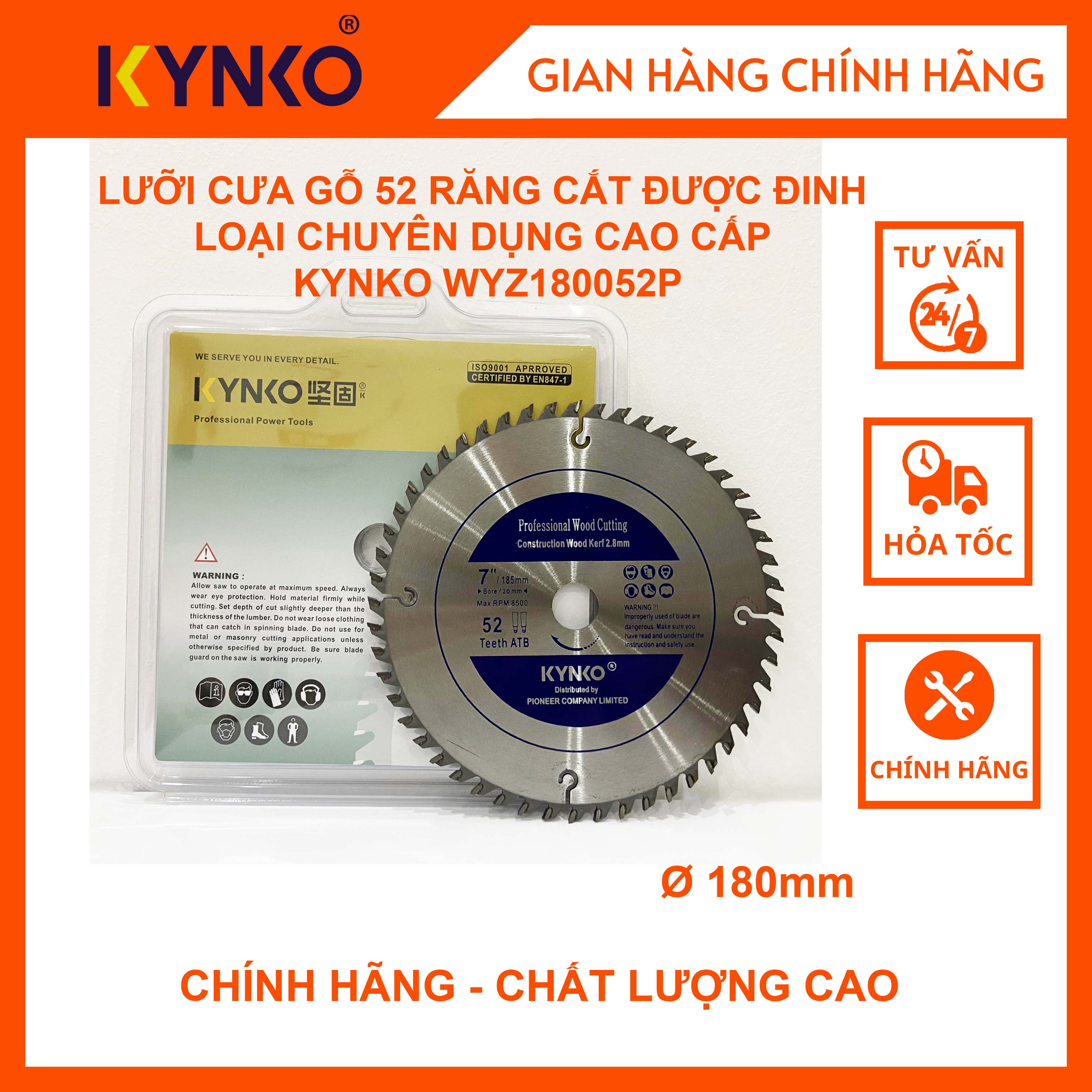 LƯỠI CƯA GỖ 52 RĂNG CẮT ĐƯỢC ĐINH LOẠI CHUYÊN DỤNG KYNKO WYZ180052P CHÍNH HÃNG GIÁ TỐT