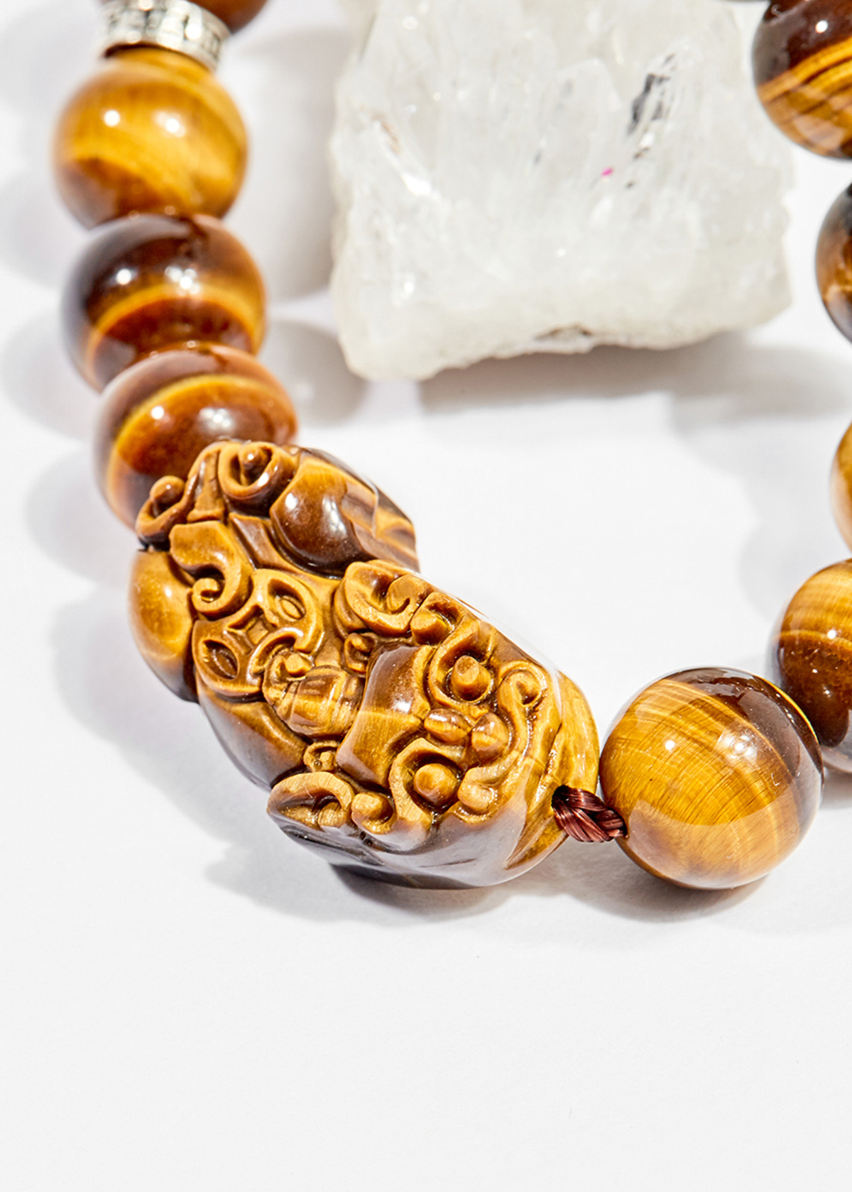 Vòng tay phong thủy nam đá mắt hổ vàng nâu charm tỳ hưu 14mm mệnh thổ , kim - Ngọc Quý Gemstones