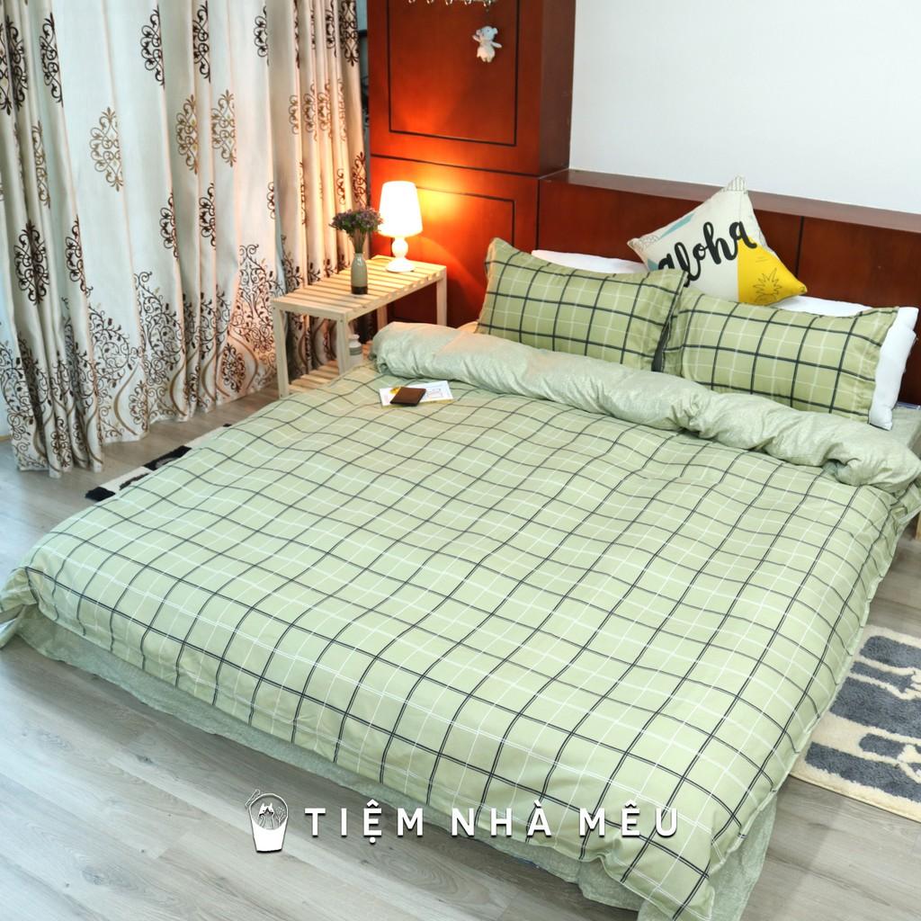 Bộ Chăn Ga Gối Cotton 3D m6/m8/2m - Full size Tiệm Nhà Mêu 2 Vỏ gối ,drap , vỏ chăn Cotton Caro Xanh Cốm