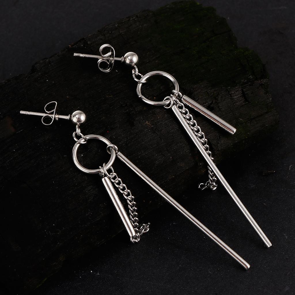 Stainless Steel Long Bar Chain Earrings Ring Loop Ear Clip