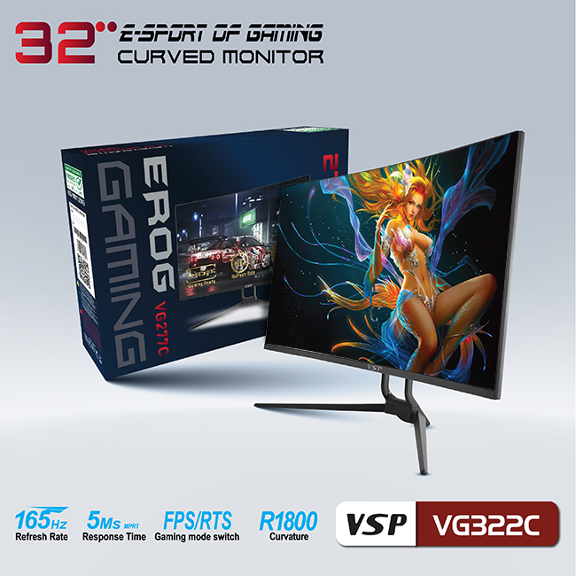 Màn hình máy tính 32inch VSP VG322C Cong 165Hz Gaming (31.5&quot; VA Full HD, 144Hz HDMI + 165Hz DisplayPort) - Hàng chính hãng TECH VISION phân phối