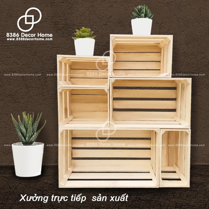 Thùng gỗ Pallet đựng đồ đa năng, trang trí homestay, Kệ decor đa năng gỗ thông mới, nhiều kích thước