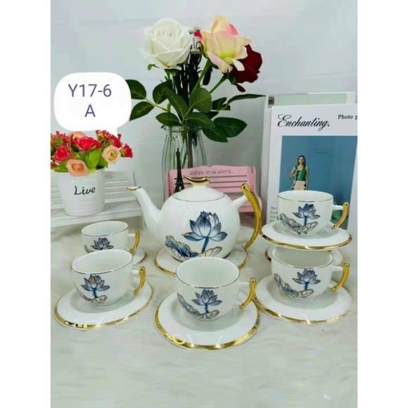 Bộ Ấm chén, Bộ bình trà vẽ hoa sen, 1 ấm chè, 6 chén, 7 đĩa kê