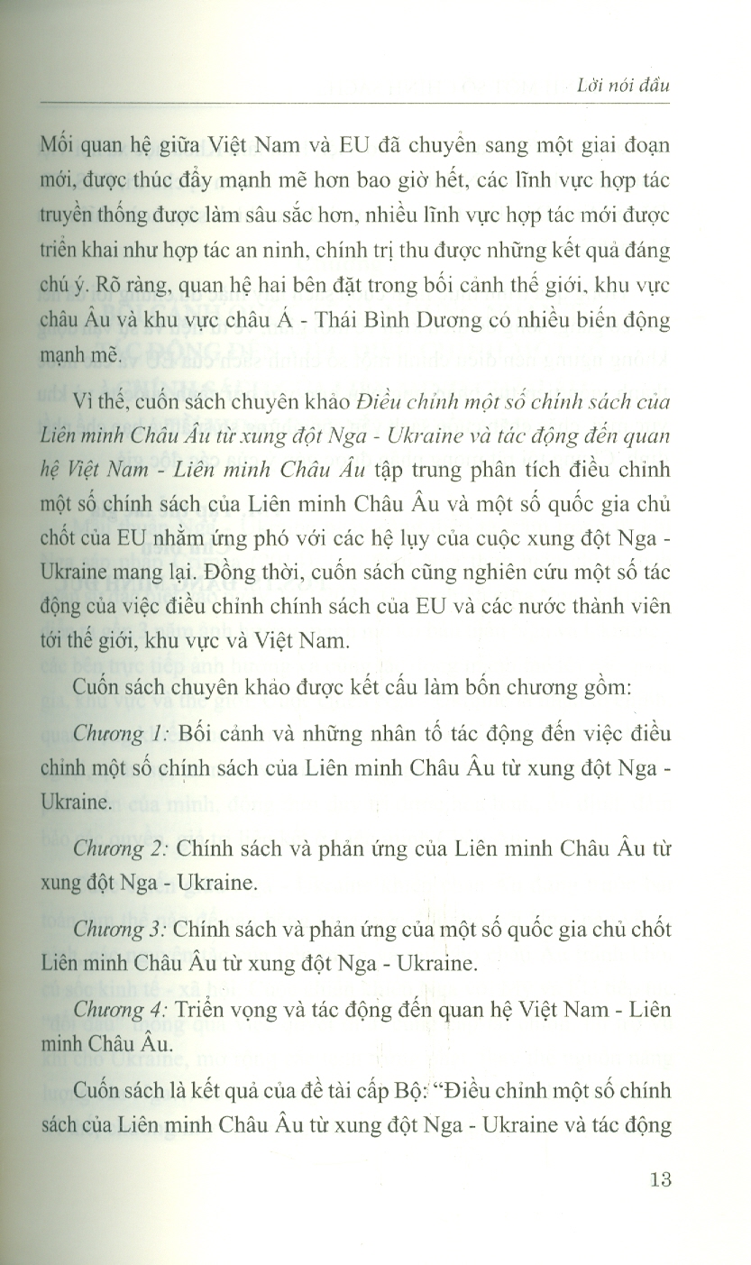 Điều Chỉnh Một Số Chính Sách Của Liên Minh Châu Âu Từ Xung Đột Nga - Ukraine Và Tác Động Đến Quan Hệ Việt Nam - Liên Minh Châu Âu (Sách Chuyên Khảo)