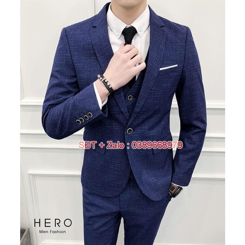 Bộ Vest Nam Cao Cấp Hàn Quốc Kẻ Xanh Than, Bộ Suit Nam thanh niên Kẻ xanh chất vải sịn