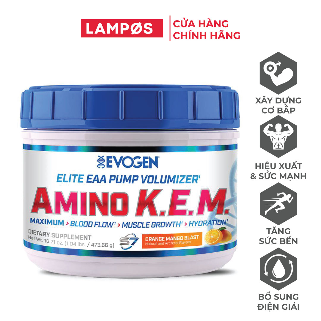 Evogen AMINO K.E.M Intra-Workout, EAA + BCAA, Phục Hồi & Xây Dựng Cơ Bắp, Sức Mạnh, Sức Bền, Bổ Sung 8.5G Amino Axit Thiết Yếu + 50G S7 + 2G Chất Điện Giải, Hộp 30 Lần Dùng