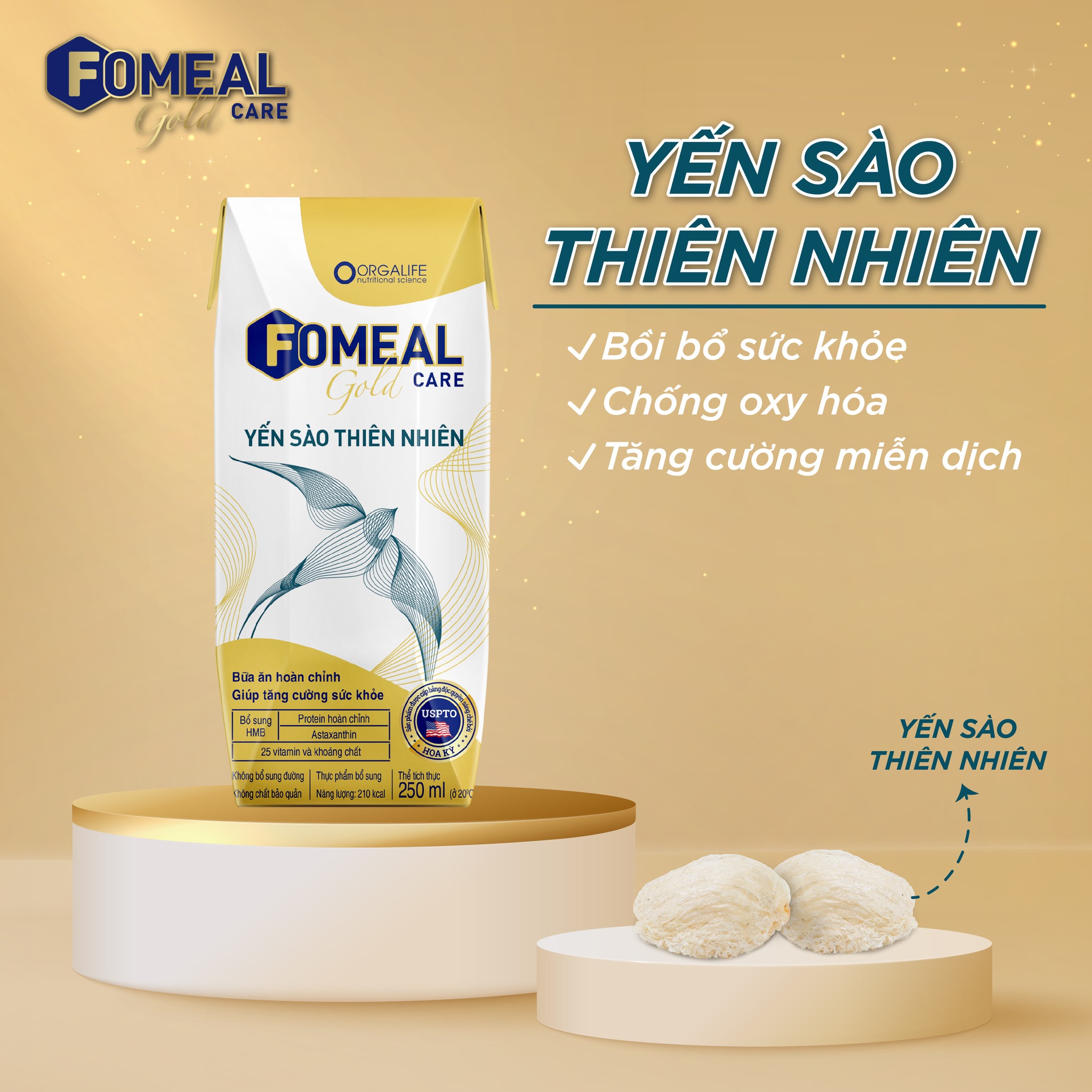 Thùng 30 hộp Fomeal Care Gold Yến Sào Thiên Nhiên 250ml/hộp - Súp uống tăng cường sức khỏe toàn diện, chắc khỏe xương