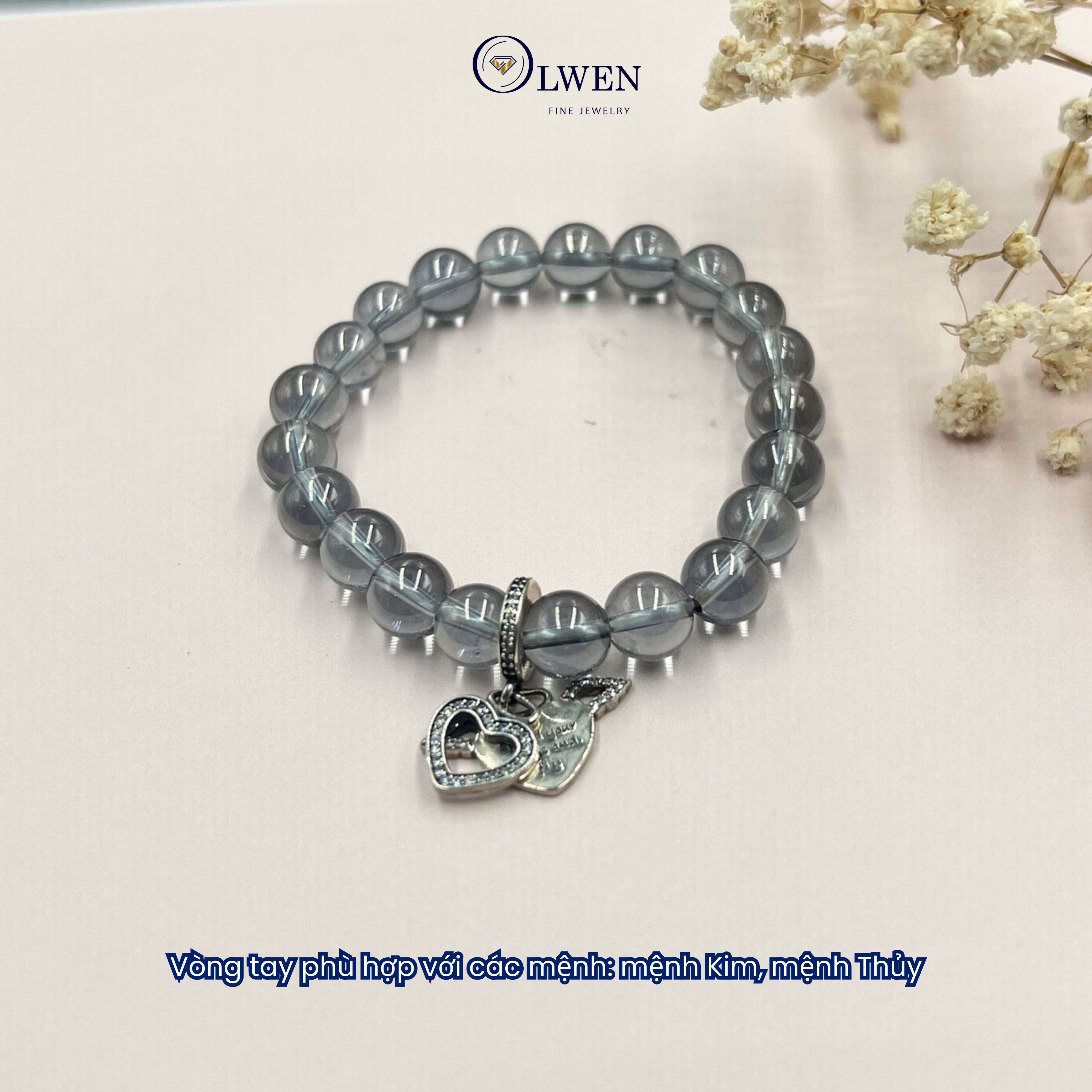 Vòng Tay Phong Thủy Thạch Anh Ám Khói, Charm Bạc