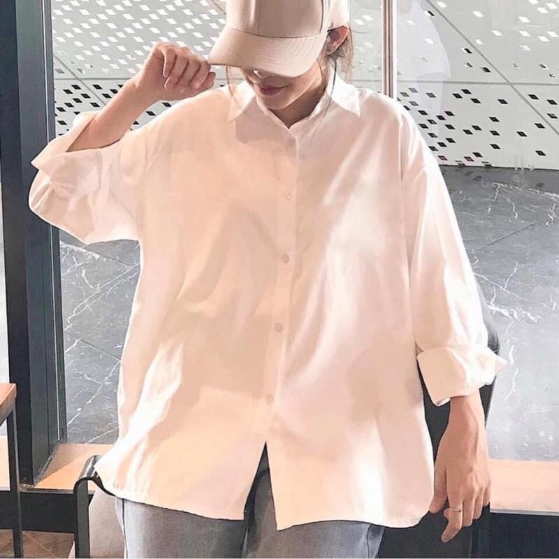 Áo Sơ Mi Nữ Dài Tay TRƠN Basic Unisex Dáng Rộng Trắng và Đen Kiểu áo sơ mi nữ tay dài form rộng suông