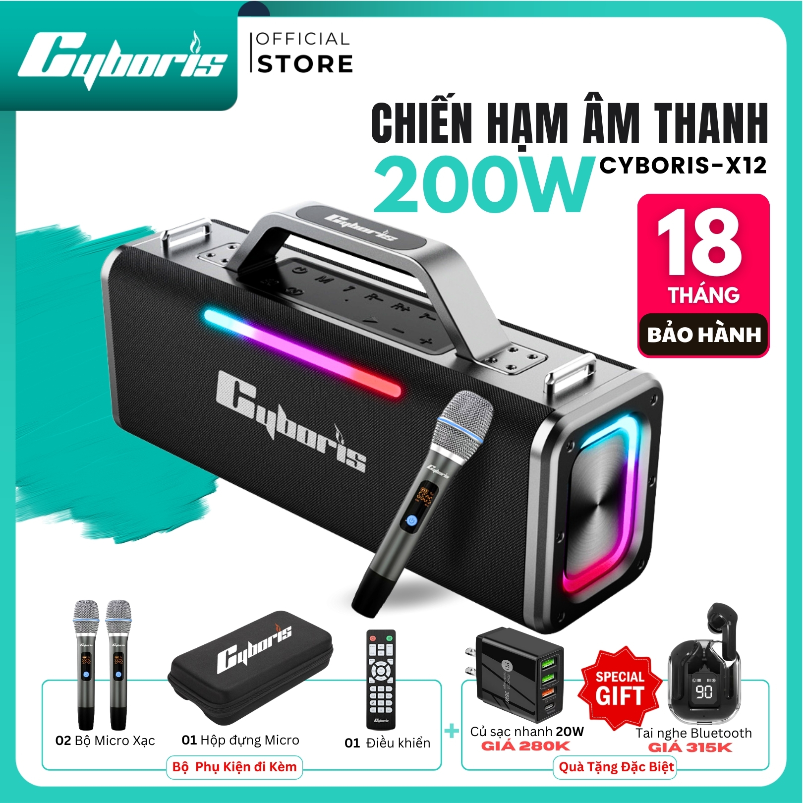 Loa Bluetooth Cyboris Battleship X12 Karaoke (Chiến hạm âm thanh), Công suất 200W, Loa siêu Bass, Chống nước IPX5, Pin cực khủng 18000mAh. Hàng Chính Hãng