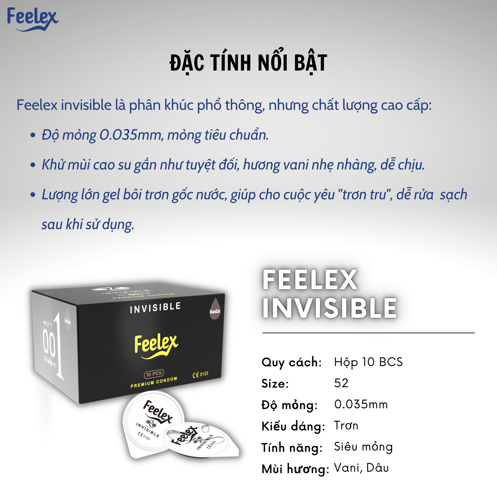 Bao cao su cao cấp OZO Feelex Invisible Cool - Hộp 10 bcs