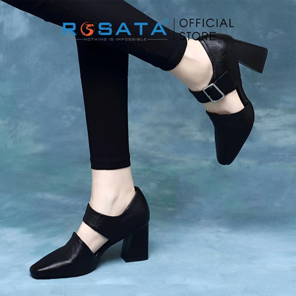 Giày boot ROSATA RO224 bốt nữ cổ thấp mũi nhọn quai cài khóa ngang dây to gót cao 7cm màu đen xuất xứ Việt Nam - Đen