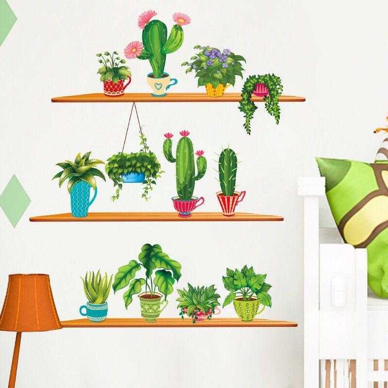 Decal dán tường chậu cây xương rồng và chậu cây xanh trên kệ