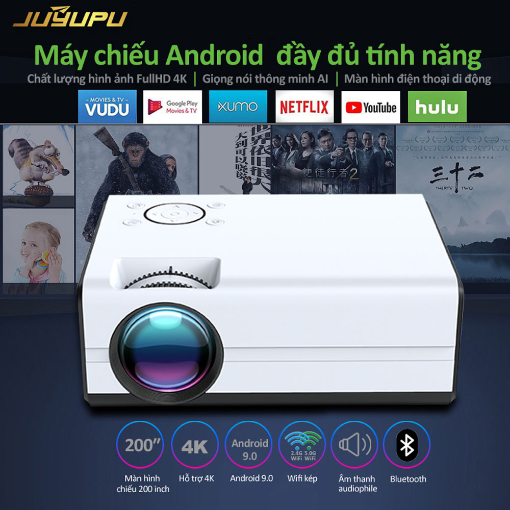 Máy chiếu mini JUYUPU 01A nhỏ gọn HD 1080P 3D 4K siêu sắt nét cho gia đình kết nối wifi 5g AI thu âm giọng nói chiếu tường còn dành cho văn phòng điện thoại iPhone Android rạp chiếu phim tại nhà hàng chính hãng