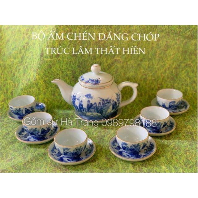 Bộ ấm chén dáng chóp hoạ tiết trúc lâm thất hiền vẽ viền vàng Gốm sứ Bát Tràng cao cấp
