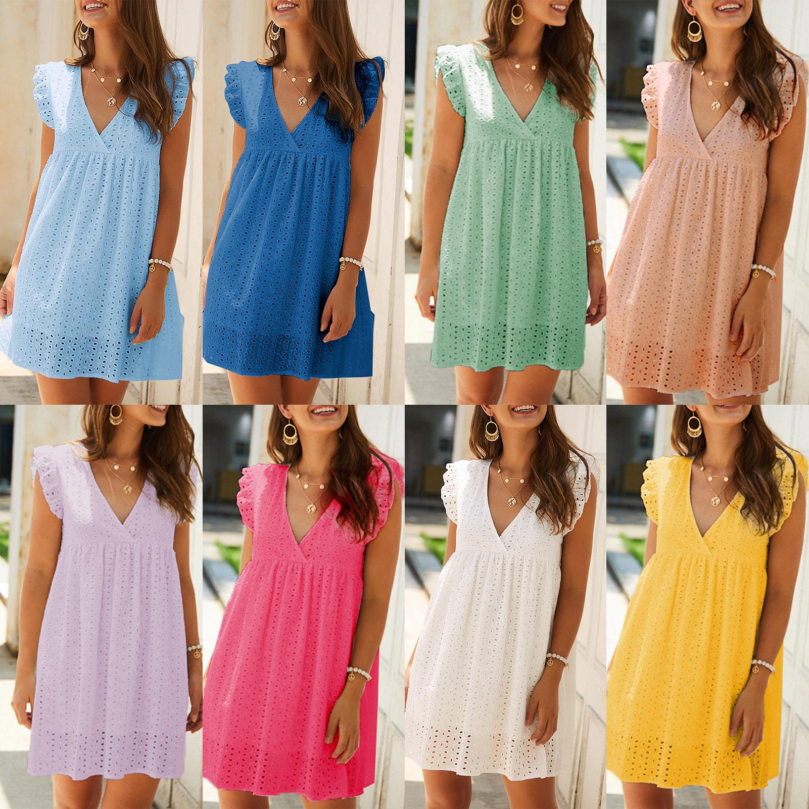 Fashion Women Solid Color Dress V Neck Short Sleeve Hollow Out Sweet Casual Summer Mini Dress