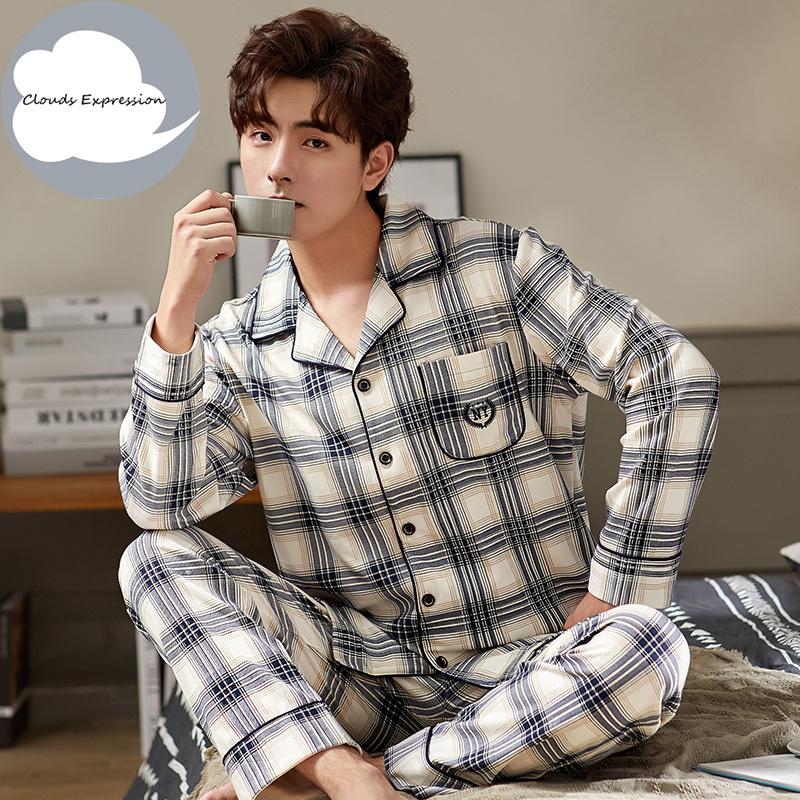 Mùa Thu Đông Cotton Nam Bộ Đồ Ngủ Thư Sọc Đồ Ngủ Hoạt Hình Pyjama Bộ Áo Ngủ & Phòng Chờ Pyjamas Plus Kích Thước 3XL bộ Pijama