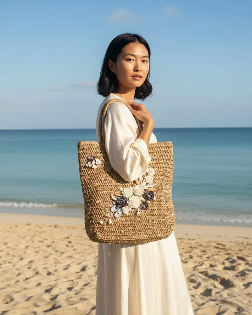 Giỏ Cói Giấy Mềm Dáng Tote Gắn Vỏ Sò, Giỏ Cói Tote Lan Châu ACC142