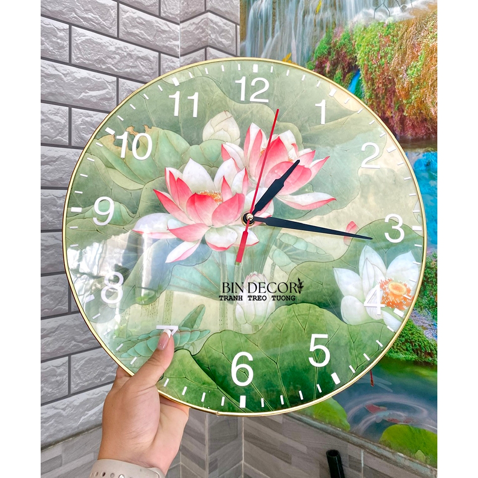 (ẢNH THẬT) Tranh treo tường đồng hồ tráng gương hoa sen hồng có đinh treo