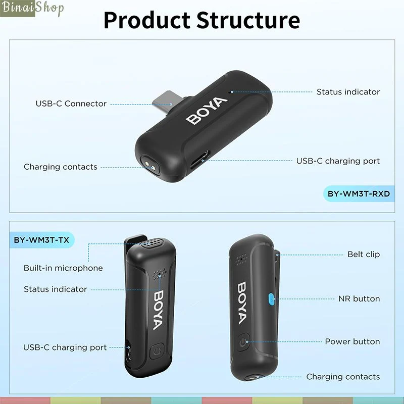 Boya BY-WM3T-U2 / BY-WM3T-D2 - Micro Cài Áo Không Dây 2.4GHz Cho Điện Thoại IOS, Android , Sử Dụng 10 Giờ , Phạm Vi Thu 100m - Hàng chính hãng