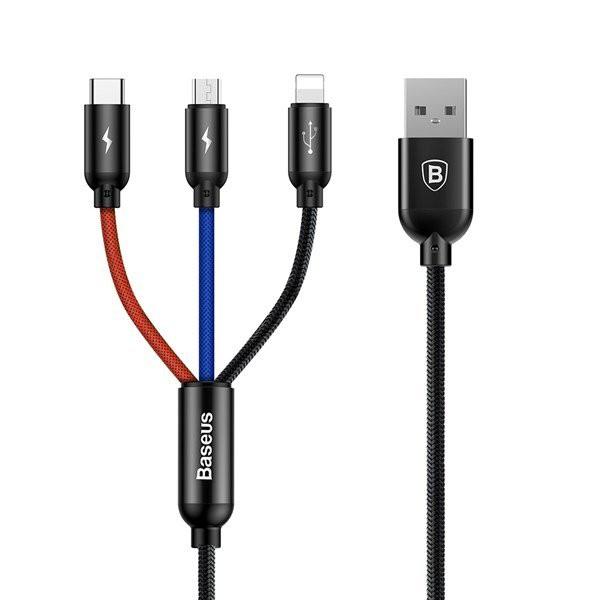 Cáp 3 đầu MicroUSB, Light, Type-C dài 120cm - Baseus Three Primary Colors 3-in-1 - Hàng Chính Hãng