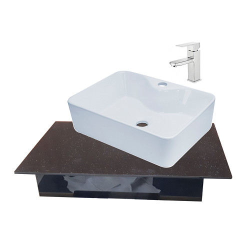 Combo Lavabo Gồm Lavabo, Bàn Đặt Lavabo Bằng Kính Cường Lực Cao Cấp, Vòi Lavabo Vuông Nóng Lạnh