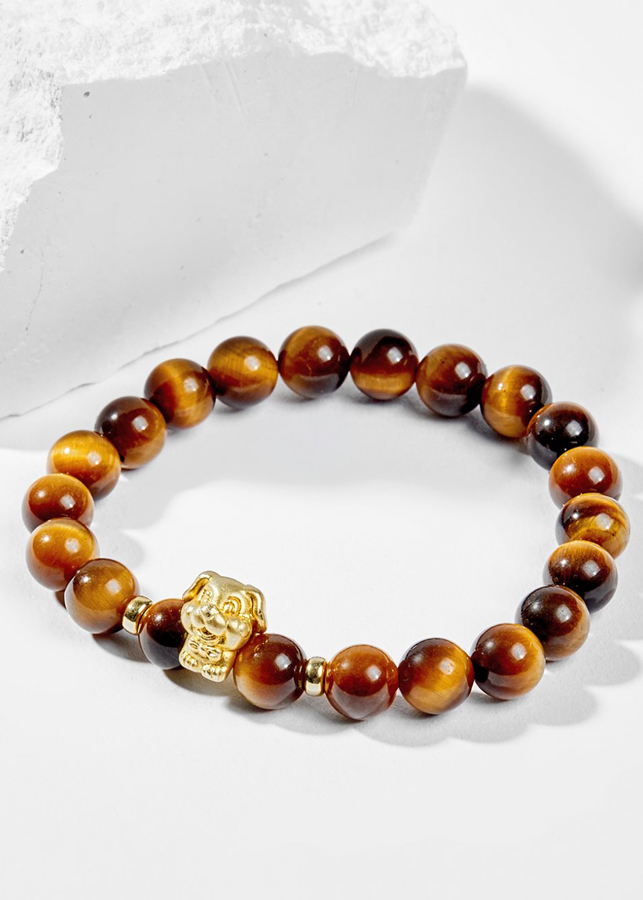 Vòng Tay Phong Thủy Đá Mắt Hổ Vàng Nâu Phối Charm Tuổi Tuất Bạc Mạ Vàng 24K Mệnh Thổ, Kim Ngọc Quý Gemstones