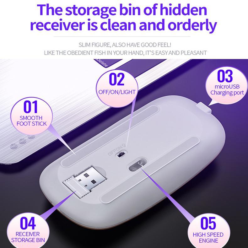 A2 Wireless Silent Mouse 2.4G Ultra Slim 1600DPI Optical Ergonomic RGB LED Backlit Rechargeable Gaming Mice