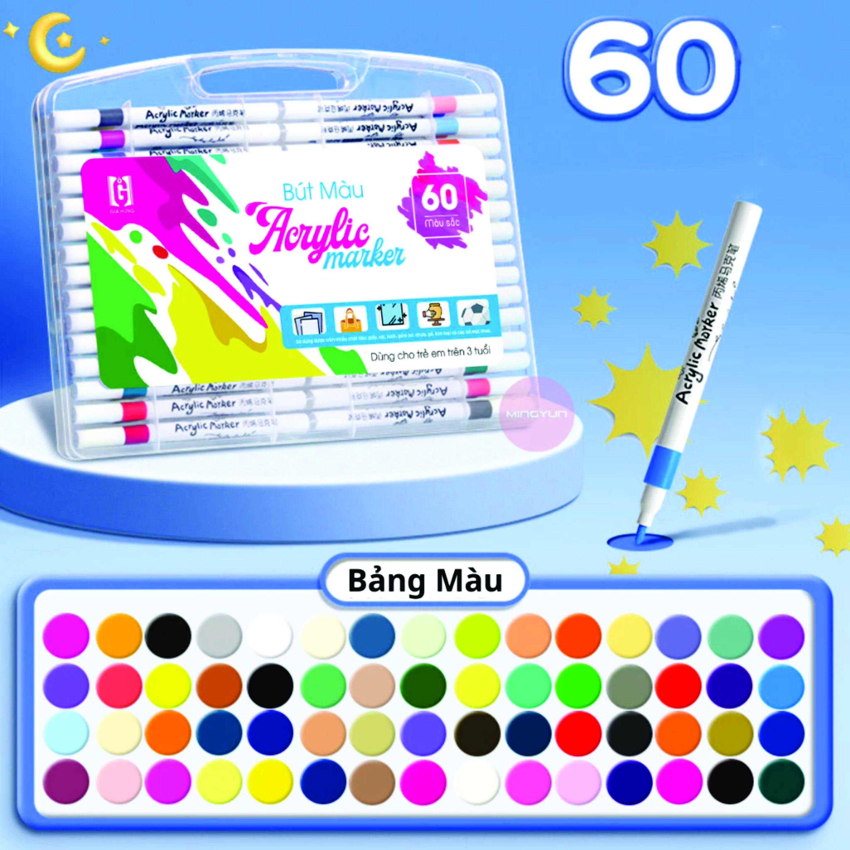 Bút Màu Acrylic Marker 60 màu Vẽ Trên Mọi Chất Liệu Vẽ Chồng Màu, Màu Sắc Tươi Sáng