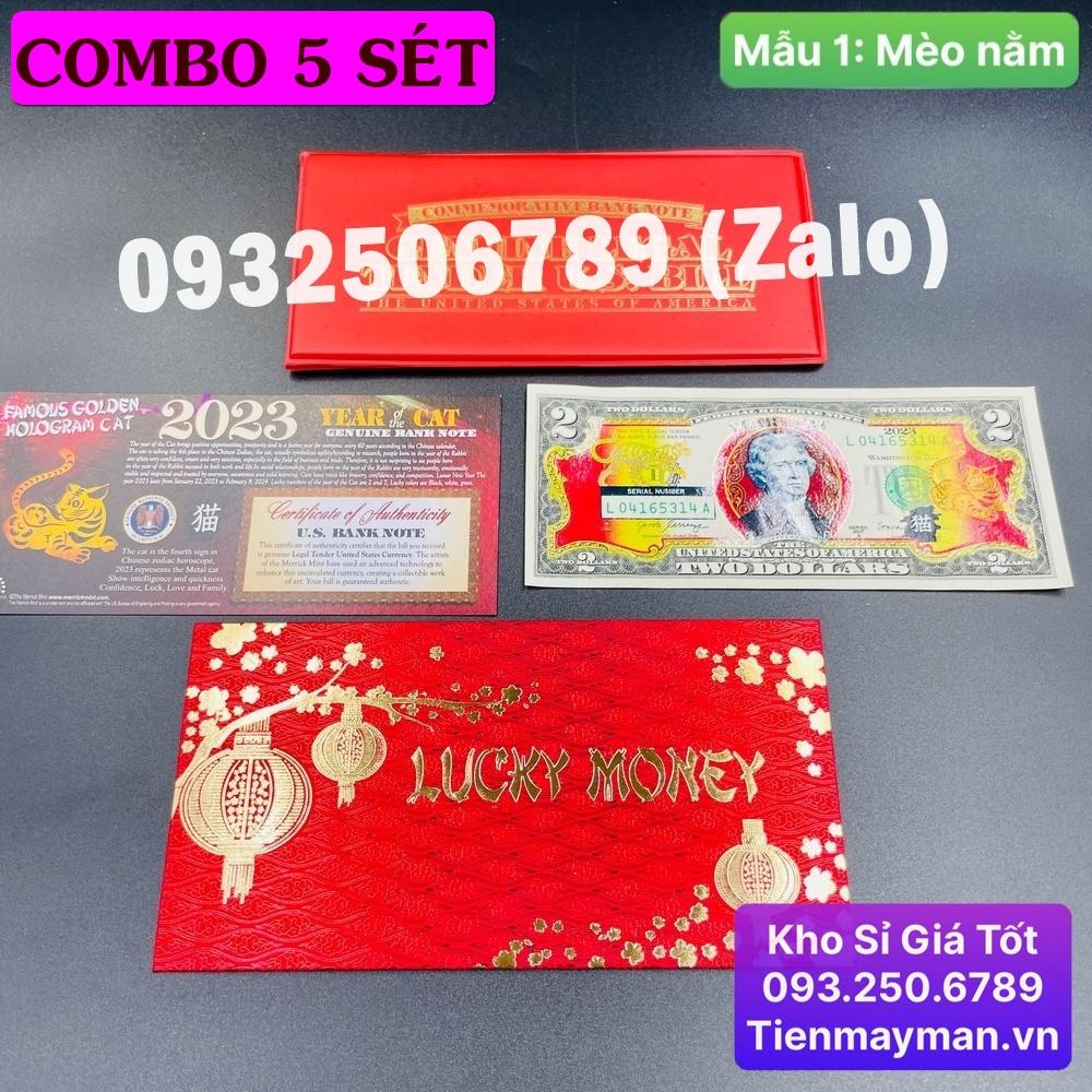 [CÒN HÀNG] (5 BỘ) Tờ 2 Usd Mạ Vàng Hình Con Mèo 2023 Mỹ, Tiền Lì Xì Hình Con Mèo [MÈO NẰM]