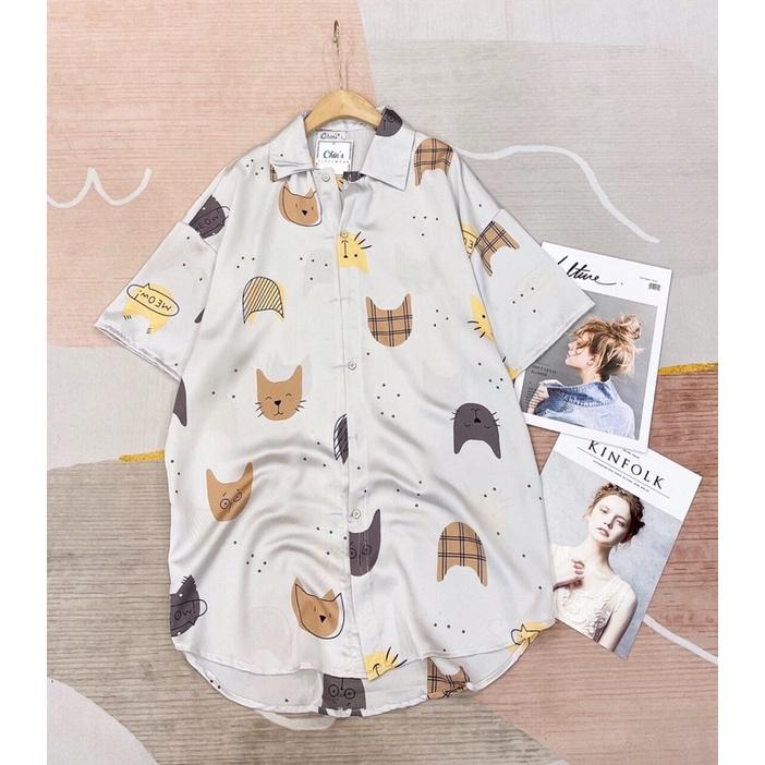 Váy ngủ sơmi pijama lụa mỏng nhẹ hoạ tiết đáng yêu hot trend 2021