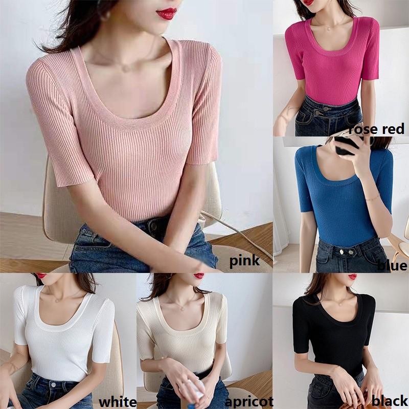 Áo Thun Tay Ngắn Cổ Chữ U Màu Trơn Thời Trang Cho Nữ