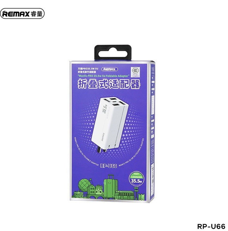 Củ Sạc Nhanh Đa Năng 5in1 Remax RP-U66 - 4 Cổng USB + 1 Cổng TypeC 20W - Tổng Công Suất Lên Đến 35.5W - Hàng Chính Hãng